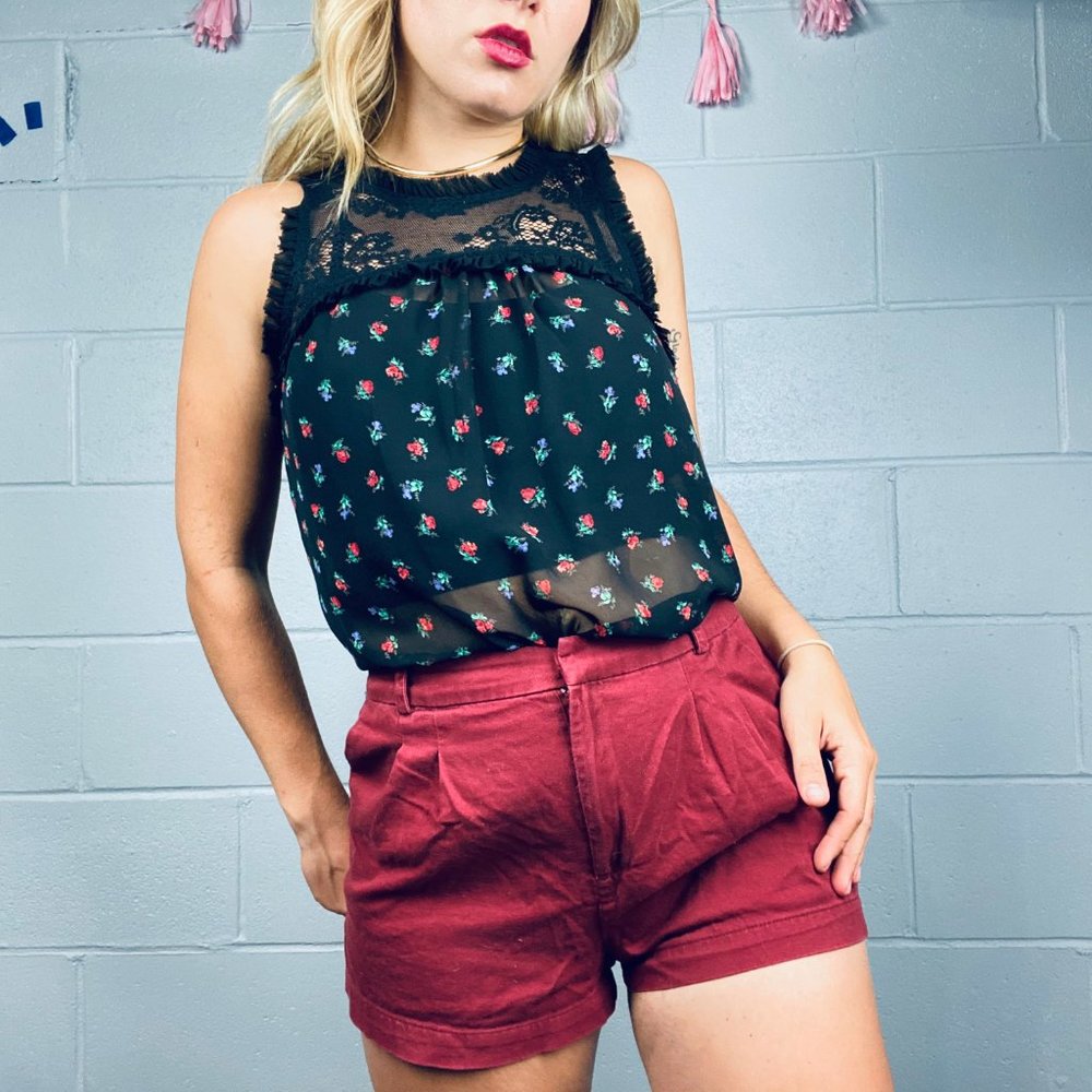 Black Sheer Floral Print Sleeveless Blouse Chloe K Top